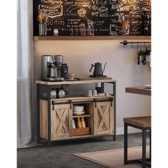 Vasagle Sideboard Kitchen Cabinet 2 Sliding Barn Doors Adjustable Shelves in Tan