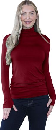 Janisramone Plain Long Sleeve Gym Tops Women with Thumb Hole and High Polo Neck, Plain Stretch Running Top Womens, Pull Over Soft Yoga Tops for Women UK Wine