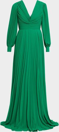 Badgley Mischka Pleated Blouson-Sleeve Georgette Gown