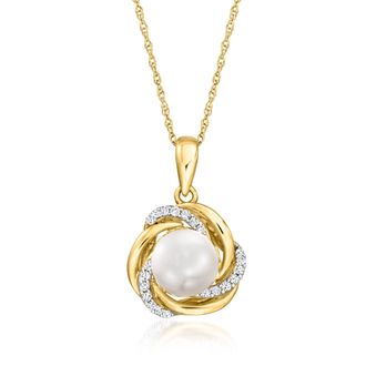 Ross-Simons 7mm Cultured Pearl Love Knot Pendant Necklace With Diamonds in 14kt Yellow Gold