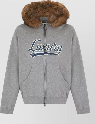 Balenciaga hooded zip sweatshirt kangaroo pockets fur trim