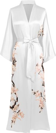 Babeyond Kimono Dressing Gown Floral Printed Kimono Robe Long Satin Kimono Dress Cover Up for Women Wedding Pyjamas Party 135cm/53inches (White)
