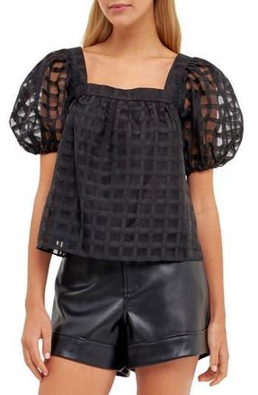 English Factory Grid Pattern Puff Sleeve Organza Top in Black at Nordstrom Rack, Size X-Small