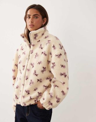 Miss Selfridge giacca in pile borg a fiorellini-Multicolore