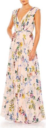 Mac Duggal Pleated Floral Cap Sleeve A Line Gown in Pink Multi at Nordstrom, Size 4