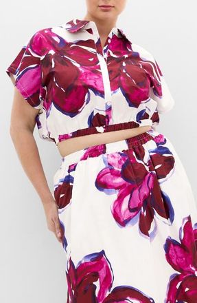 City Chic Holiday Crop Cotton Button-Up Shirt in Violet Bloom at Nordstrom, Size Xxxs