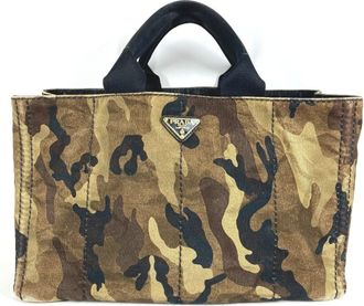 Prada Canapa Black Green Canvas Handbag Tote Bag (Pre-Owned)