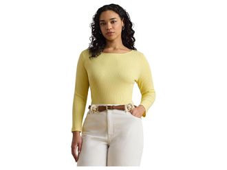 Lauren Ralph Lauren Plus Size Rib-Knit Cotton-Blend Boatneck T-Shirts Womens Clothing Lemon Sorbet : 3X, Cotton/Elastane/Modal