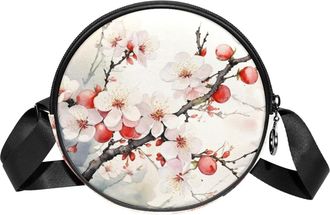 Generic Circle Crossbody Bag for Women, Watercolor Plum Blossom Small Sling Bag Daypack with Zipper Adjustable Shoulder Straps Casual Ladies Girls Round Purse