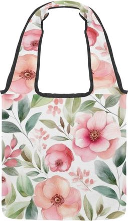 Generic Pink Flowers with Leaves Reversible Canvas Shoulder Tote - Double-Sided Print, 12oz Cotton, 27cm Drop, Fold-Flat Bag for Travel, Shopping, Street Outi