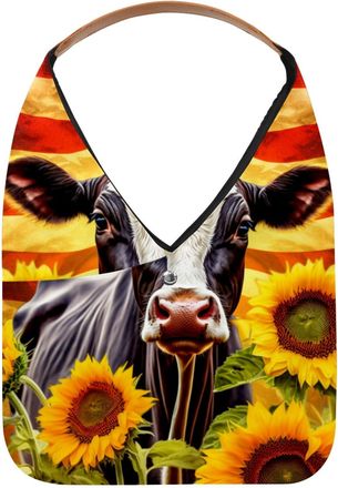 Generic Sunflowers Cow American Flag Reusable Lightweight Grocery Bags - Foldable Into Compact Pouch, Washable & Sturdy, Multipurpose for Shopping and Travel