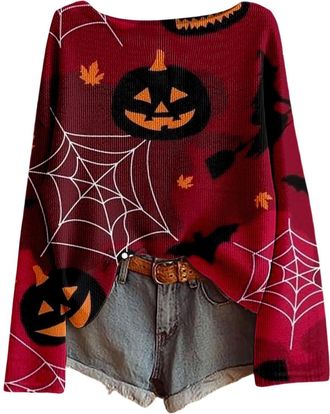 Generic Halloween Jumper Women Graphic Print Sweaters Boho Vintage Ghost Sweatshirts Crewneck Long Sleeve Knit Pullover Tops Ladies Fashion Theme Costumes