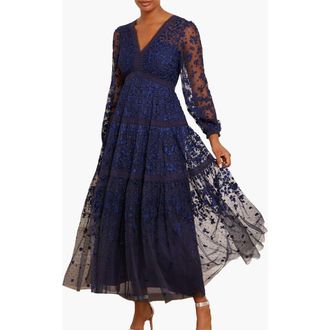 Needle & Thread Celestia Ribbon Long Sleeve V-Neck Gown in Navy at Nordstrom, Size 14