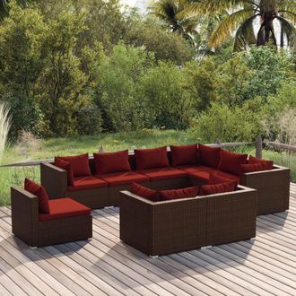 vidaXL Set Muebles De Jard&iacute;n 9 Piezas Y Cojines Rat&aacute;n Sint&eacute;tico Marr&oacute;n Vidaxl