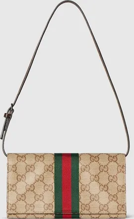 Gucci Small Pouch With Strap And Web, Beige, GG Canvas