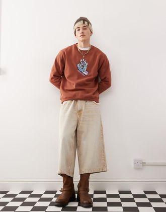 Santa Cruz Felpa girocollo con stampa sul petto ricamata-Marrone