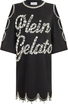 Philipp Plein Mini T-Shirt Jurk Crystal Waves - Dames - Korte kleedjes - Zwart - S - Katoen - Kleedjes