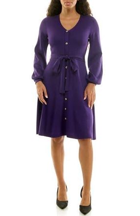 Nina Leonard Waist Tie Ribbed Long Sleeve Sweater Dress in Violet Indigo at Nordstrom Rack, Size X-Large