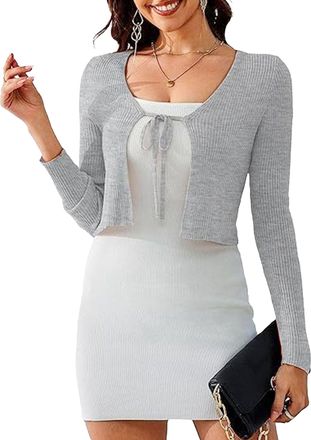 Generic Shrug Cardigan Womens Tie Front Long Sleeve Elegant Rib Knit Bolero Open Front Cropped Cardigan 2025 Trendy Gray