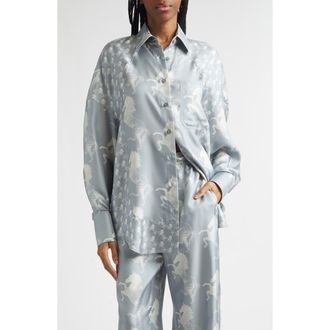 Stella McCartney Horse Print Paneled Silk Button-Up Shirt in Blue/cream at Nordstrom, Size 38