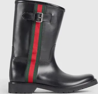 Gucci Mens Boot With Web, Black, Leather