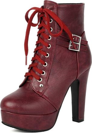 Generic Womens Round Toe Platform Short Booties Lace Up Chunky Block Heels Combat Boots Buckle Warm Winter Shoes (7.5,Wine Red)