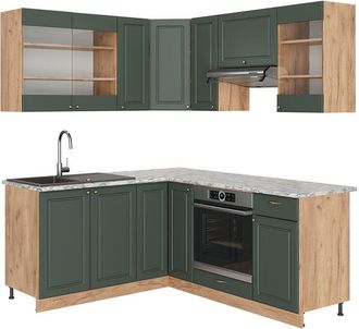 Vicco Cucina angolare completa Fame-Line, Quercia verde-oro Country/oro Power, 160 x 190 cm, pl Marmo