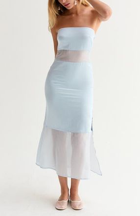 Crescent Satin Mixed Media Tube Midi Dress in Light Blue at Nordstrom, Size Medium