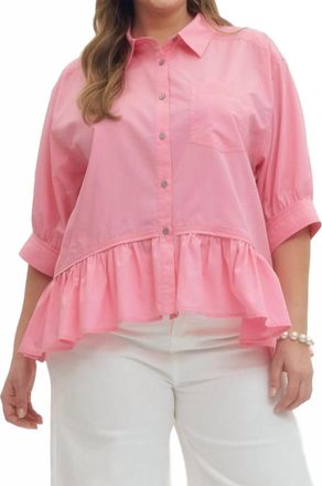 Entro Quarter Sleeve Button Down Ruffle Hem Blouse - Plus In Pink
