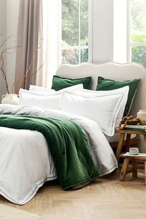 Christy Wave Edge Embroidered Cotton Percale Duvet Cover Sets in Green | Size: Super King