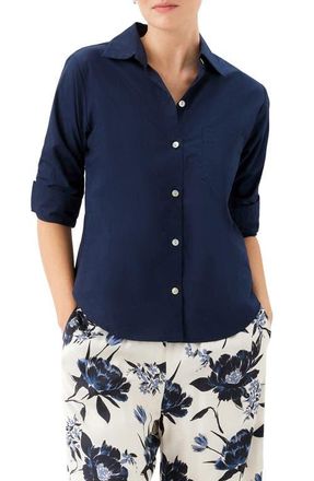 Karen Kane Ruched Sleeve Cotton Button-Up Shirt in Navy at Nordstrom, Size X-Large
