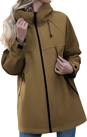 Generic Ladies Hooded Raincoat Drawstring Zipper Jackets Waterproof Windbreaker Lightweight Plus Size Sunscreen Hiking Cycling Rain Coats, D-Coffee, XL