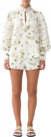 Camilla Buttoned Collar Blouse With Blouson Sleeve In Botanical Utopia