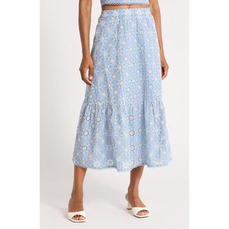Ellen Tracy Embroidered Cotton Tiered Skirt in Blue Daisy at Nordstrom Rack, Size X-Small