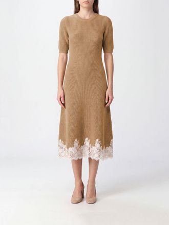 Alberta Ferretti Abito midi in cashmere e cammello con inserti in macram&egrave;