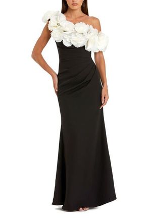Mac Duggal Jersey Gown With 3D Flower Off The Shoulder Detail in Black Cream at Nordstrom, Size 4