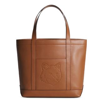 Maison Kitsun&eacute; Shopping Bags, male, Brown, ONE SIZE, Brown Leather Fox Head Tote Bag