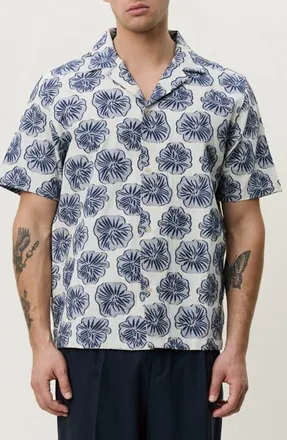 Les Deux Dahlia Floral Jacquard Cotton & Linen Blend Camp Shirt in Dark Denim Blue at Nordstrom, Size Xx-Large