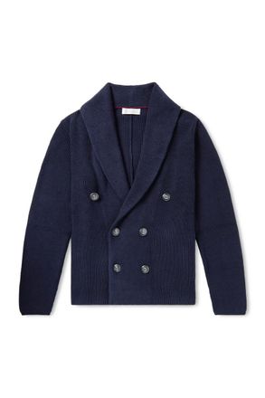 Brunello Cucinelli Shawl-Collar Double-Breasted Ribbed Cotton Cardigan