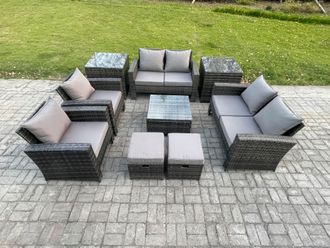 Fimous Outdoor Garden Furniture Sets 9 Pieces Wicker Rattan Furniture Manual Wicker Patio Sofa Set with 2 Small Footstools in Dark Grey