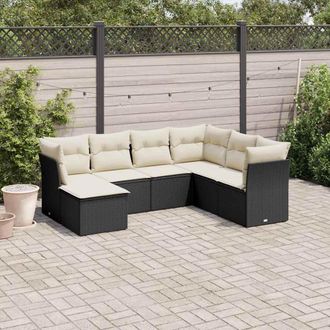vidaXL Set De Comedor De Jard&iacute;n 7 Pzas Y Cojines Rat&aacute;n Sint&eacute;tico Negro Vidaxl