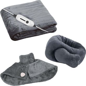 Pursonic Ultimate Cozy Comfort & Relaxation Bundle - Heated Blanket, Neck & Shoulder Heating Pad, And Massaging Wrap