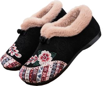Generic Womens Warm Floral Embroidered Winter Shoes,Warms Fur Lined Floral Embroidereds Ankle Bootie,Womens Winter Ankle Boots Embroidered Shoes,Women Warm Wi