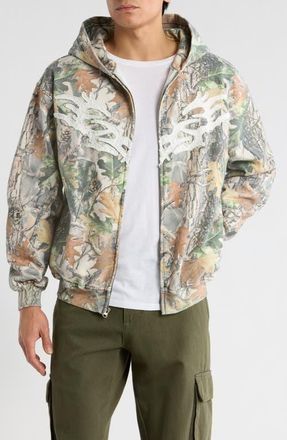 PacSun Chaos Appliqu&eacute; Camouflage Zip Hoodie in Green at Nordstrom, Size X-Large