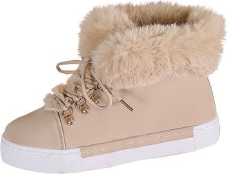 Generic Womens Winter Boots Faux Fur Lined Comfortable Womens Snow Boot Casual Solid Color Stylish Warm Lace Up Ankle Boots for Cold Weather Outdoor Flats