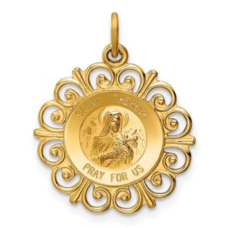 Diamond2Deal 14k Yellow Gold and Satin Solid Saint Theresa Medal Scalloped Edge Round Charm Pendant