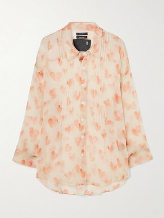 R13 Camicia In Seta Stampata Con Nervature - Crema