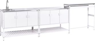 Beliani Outdoor Kitchen Cabinet White Stainless Steel 3 Door Unit with Top Garden Kitchen Dining MAENZA
