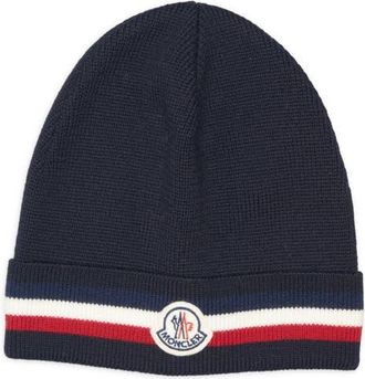 Moncler Tricolor Stripe Ribbed Wool Beanie in Navy Blue at Nordstrom