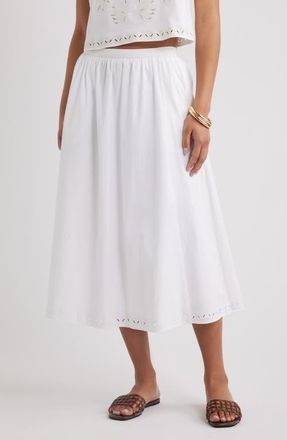Open Edit Embroidered Stretch Cotton Poplin Midi Skirt in White at Nordstrom, Size Xx-Small